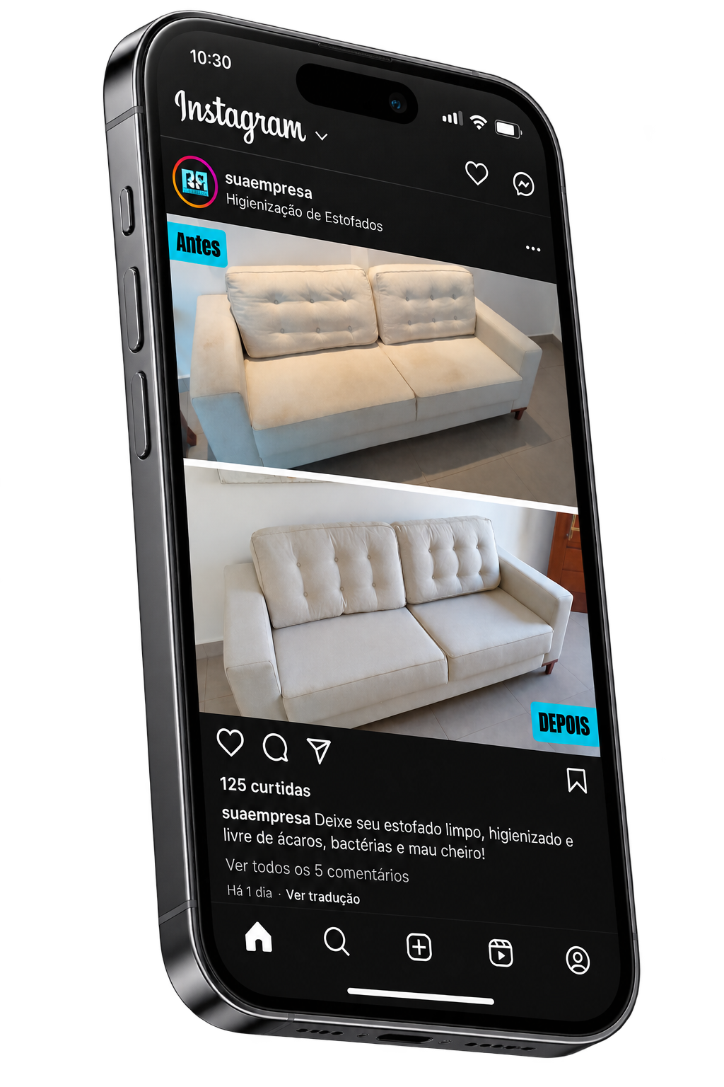 Celular em 3D exibindo uma publicação de antes e depois no Instagram